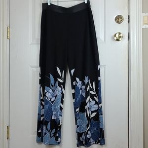 Alfani Black Wide Leg Pants with Blue Floral Pattern